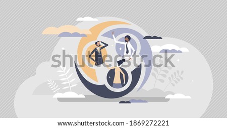Connected persons with linked cycle as social group unity tiny person concept. Common partnership interaction as united system or network vector illustration. Abstract business team member differences