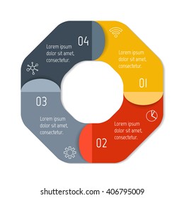 Connected polygonal infographic diagram. Circular chart with 4 options. Paper progress steps for tutorial with four parts. Isolated business concept sequence banner. EPS10 polygonal workflow layout.