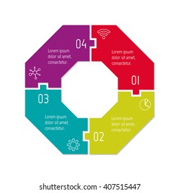 Connected polygonal infographic diagram. Circular chart with 4 options. Paper progress steps for tutorial with four parts. Isolated business concept sequence banner. EPS10 polygonal workflow layout.