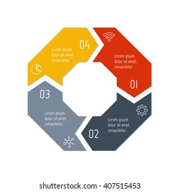Connected polygonal infographic diagram. Circular chart with 4 options. Paper progress steps for tutorial with four parts. Isolated business concept sequence banner. EPS10 polygonal workflow layout.
