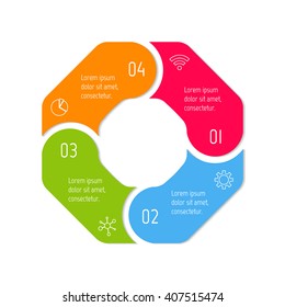 Connected polygonal infographic diagram. Circular chart with 4 options. Paper progress steps for tutorial with four parts. Isolated business concept sequence banner. EPS10 polygonal workflow layout.