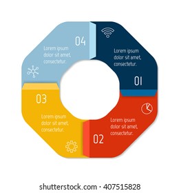 Connected polygonal infographic diagram. Circular chart with 4 options. Paper progress steps for tutorial with four parts. Isolated business concept sequence banner. EPS10 polygonal workflow layout.