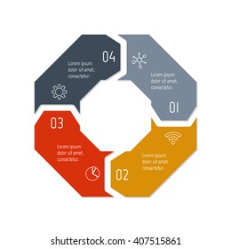 Connected polygonal infographic diagram. Circular chart with 4 options. Paper progress steps for tutorial with four parts. Isolated business concept sequence banner. EPS10 polygonal workflow layout.