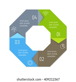 Connected polygonal infographic diagram. Circular chart with 4 options. Paper progress steps for tutorial with four parts. Isolated business concept sequence banner. EPS10 polygonal workflow layout.