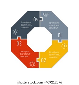 Connected polygonal infographic diagram. Circular chart with 4 options. Paper progress steps for tutorial with four parts. Isolated business concept sequence banner. EPS10 polygonal workflow layout.