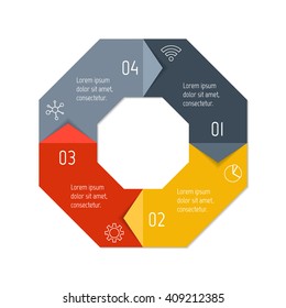 Connected polygonal infographic diagram. Circular chart with 4 options. Paper progress steps for tutorial with four parts. Isolated business concept sequence banner. EPS10 polygonal workflow layout.