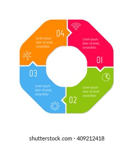 Connected polygonal infographic diagram. Circular chart with 4 options. Paper progress steps for tutorial with four parts. Isolated business concept sequence banner. EPS10 polygonal workflow layout.