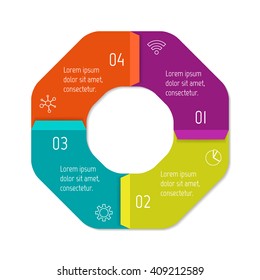 Connected polygonal infographic diagram. Circular chart with 4 options. Paper progress steps for tutorial with four parts. Isolated business concept sequence banner. EPS10 polygonal workflow layout.