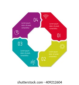 Connected polygonal infographic diagram. Circular chart with 4 options. Paper progress steps for tutorial with four parts. Isolated business concept sequence banner. EPS10 polygonal workflow layout.