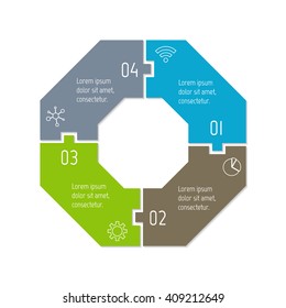 Connected polygonal infographic diagram. Circular chart with 4 options. Paper progress steps for tutorial with four parts. Isolated business concept sequence banner. EPS10 polygonal workflow layout.