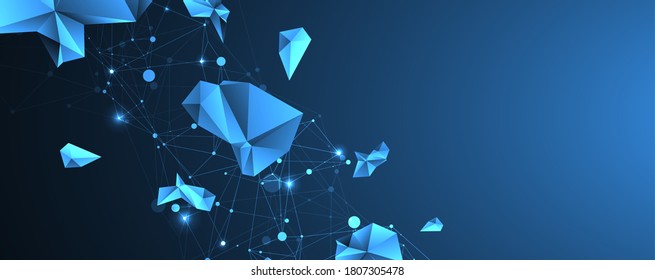Polígonos conectados. Fondo vectorial de plexo azul brillante, visualización de datos digitales.