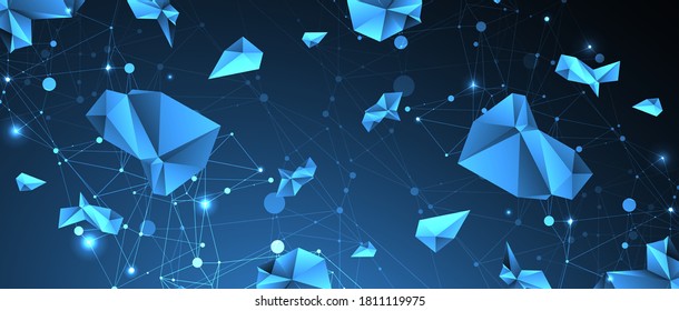 Connected polygons. Glowing blue plexus vector background, digital data visualization.