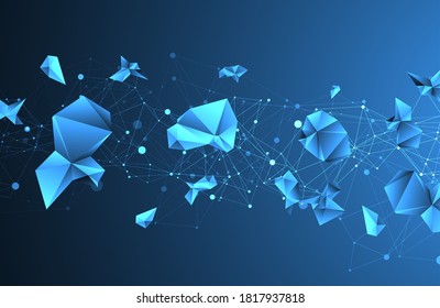 Connected polygons. Glowing blue plexus vector background, digital data visualization.