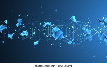 Polígonos conectados. Fondo vectorial del plexo azul del ADN brillante, visualización de datos digitales.