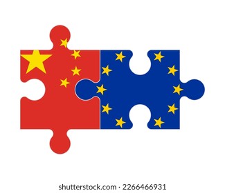 Connected puzzle of flags of China and European Union, vector