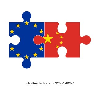 Connected puzzle of flags of European Union and China, vector