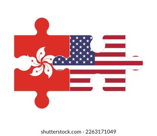 Rompecabezas conectados de banderas de Hong Kong y Estados Unidos, vector