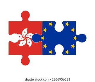 Connected puzzle of flags of Hong Kong and European Union, vector