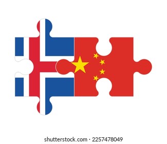 Rompecabezas conectado de banderas de Islandia y China, vector