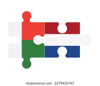 Connected puzzle of flags of Madagascar and Netherlands, vector
