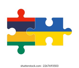 Rompecabezas conectado de banderas de Mauricio y Ucrania, vector