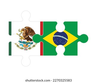 Rompecabezas conectado de banderas de México y Brasil, vector