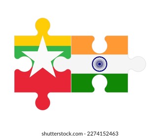 Rompecabezas conectados de banderas de Myanmar e India, vector