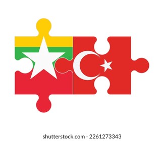 Rompecabezas conectados de banderas de Myanmar y Turquía, vector