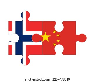 Rompecabezas conectado de banderas de Noruega y China, vector