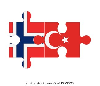 Rompecabezas conectados de banderas de Noruega y Turquía, vector