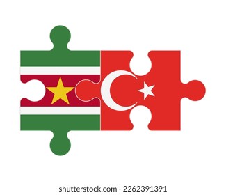 Rompecabezas conectados de banderas de Suriname y Turquía, vector