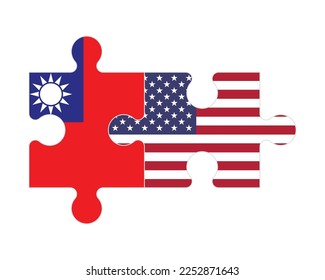 Rompecabezas conectados de banderas de Taiwán y Estados Unidos, vector