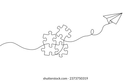 Connected puzzle pieces of one continuous line drawn. Vector illustration