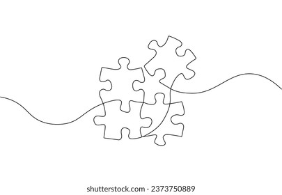 Connected puzzle pieces of one continuous line drawn. Vector illustration