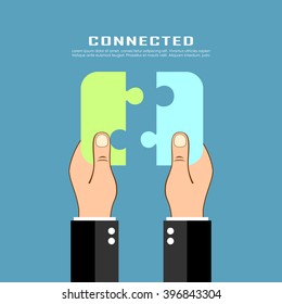 Connected puzzle poster, vector illustration isolated on blue background