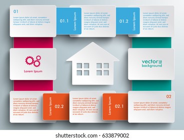 Connected rectangles with paper house on the grey background. Eps 10 vector file.