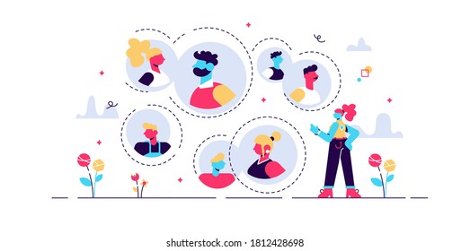 Connected relationships vector illustration. Mutual contacts network in flat tiny persons concept. Social acquaintance team as business partner group. Friends and abstract family tree visualization.
