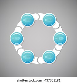 Connected round infographic diagram with 6 options. Isolated paper sequence banner for tutorial. EPS10 glossy progress steps template.
