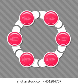 Connected round infographic diagram with 6 options. Isolated paper sequence banner for tutorial. EPS10 glossy progress steps template.