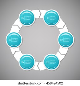 Connected round infographic diagram with 6 options. Isolated paper sequence banner for tutorial. EPS10 glossy progress steps template.