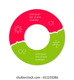 Connected round infographic diagram. Circular chart with 2 options. Paper progress steps for tutorial with two parts. Isolated business concept sequence banner. EPS10 workflow layout.
