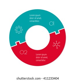Connected round infographic diagram. Circular chart with 2 options. Paper progress steps for tutorial with two parts. Isolated business concept sequence banner. EPS10 workflow layout.