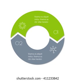 Connected round infographic diagram. Circular chart with 2 options. Paper progress steps for tutorial with two parts. Isolated business concept sequence banner. EPS10 workflow layout.