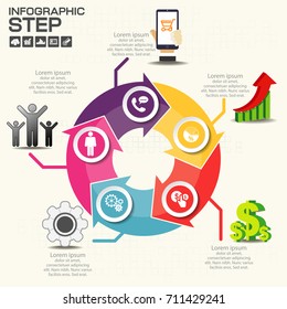 Connected round infographic diagram. Circular chart with 5 options. Paper progress steps for tutorial with two parts. Isolated business concept sequence banner. EPS10 workflow layout.
