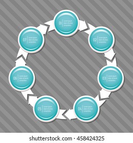 Connected round infographic diagram. Isolated circular chart template with 7 glossy parts. Paper progress steps for tutorial with seven options. Concept of sequence banner. EPS10 layout with arrows.