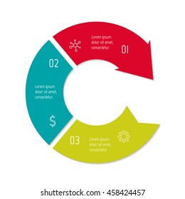 Connected round infographic diagram. Isolated circular chart template with 3 parts. Paper progress steps for tutorial with three options. Concept of sequence banner. EPS10 layout with arrow.