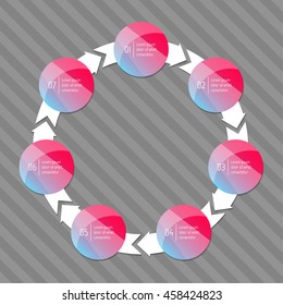 Connected round infographic diagram. Isolated circular chart template with 7 glossy parts. Paper progress steps for tutorial with seven options. Concept of sequence banner. EPS10 layout with arrows.