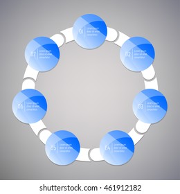 Connected round infographic diagram. Isolated circular chart template with 7 glossy parts. Paper progress steps for tutorial with seven options. Concept of sequence banner. EPS10 layout with arrows.