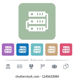 Connected servers white flat icons on color rounded square backgrounds. 6 bonus icons included