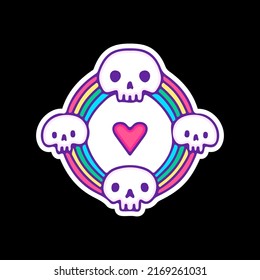 Connected skull head with rainbow, illustration for t-shirt, sticker, or apparel merchandise. With doodle, retro, and cartoon style.
